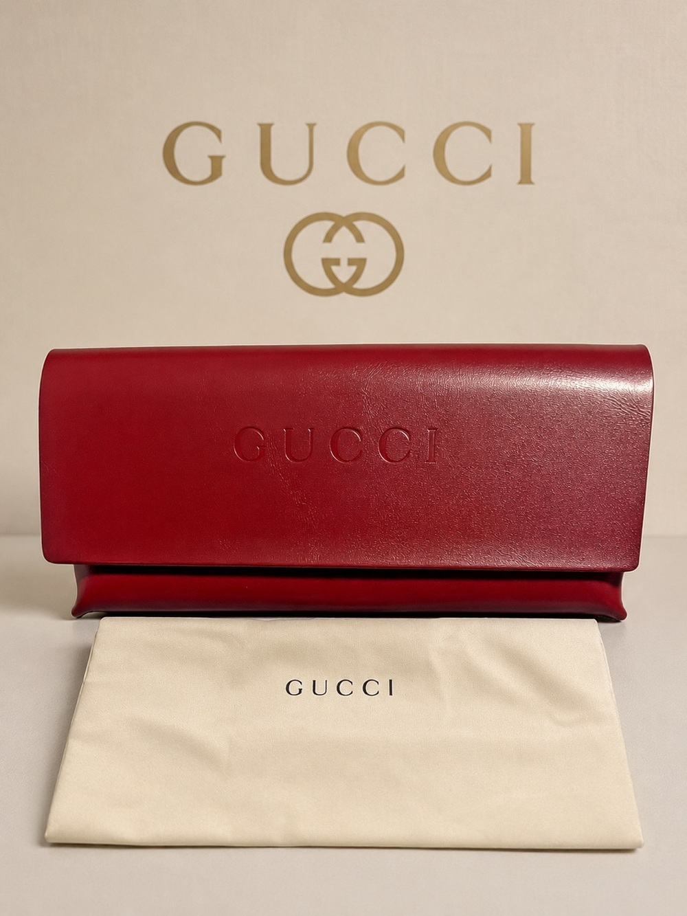 Gucci Red Leather Eyeglasses Sunglasses Case + Cleaning Cloth